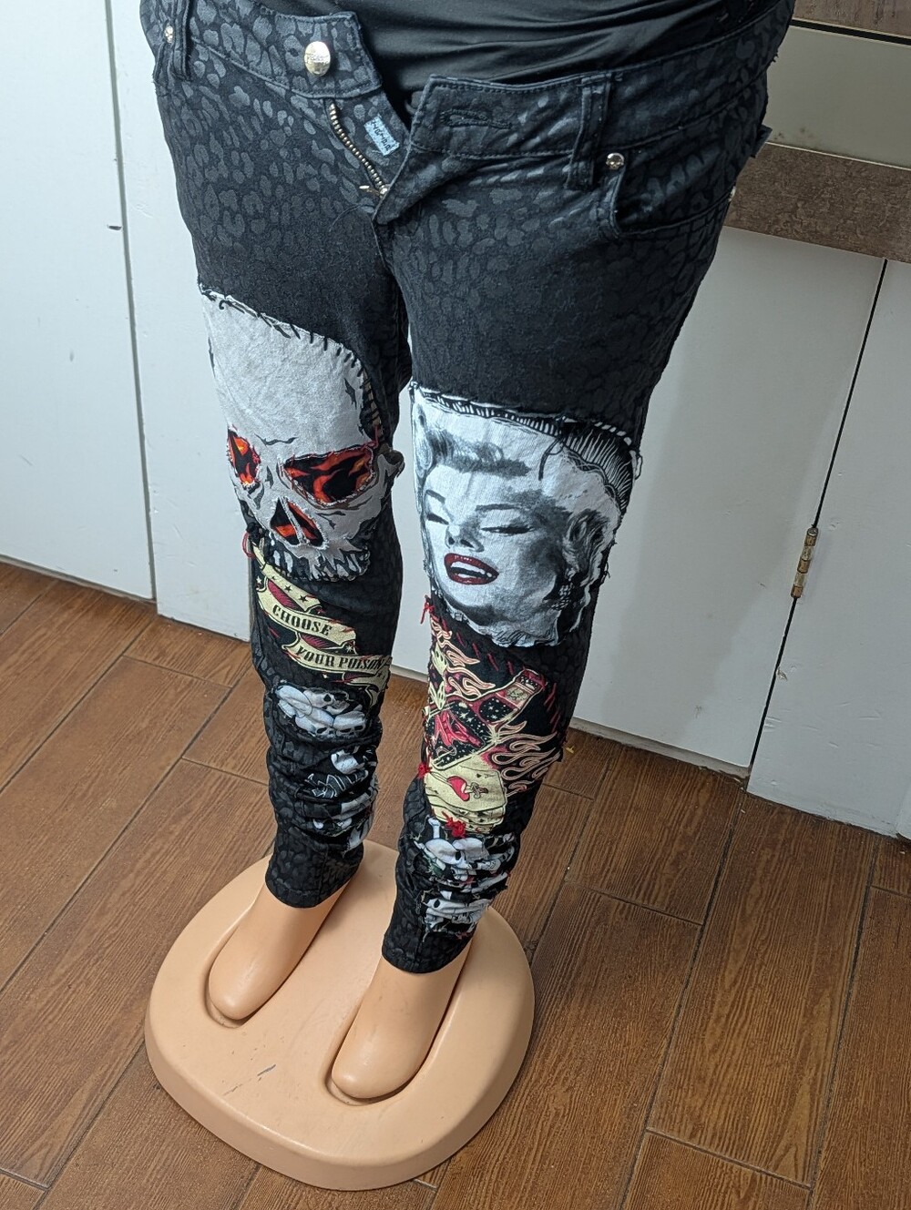 Tripp Black Custom Patchwork Jeans with Skull & Marilyn Monroe Portrait Size 7